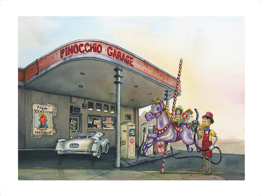 Pinocchio Garage : aquarelle sur papier Arches 300g 38 x48 cm (disponible en série limitée 60x80 cm 30ex)